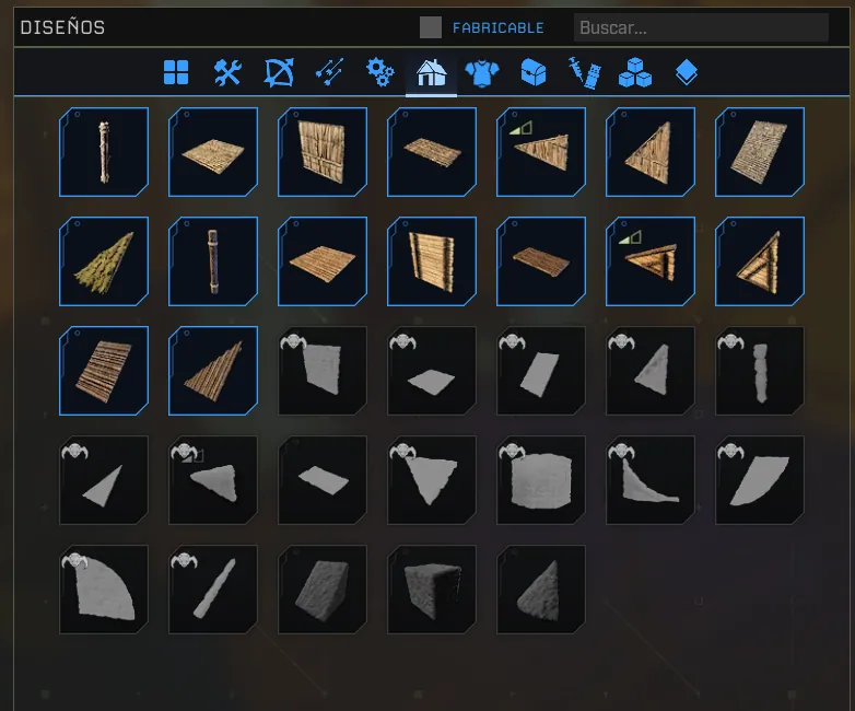 Menú Diseños de ICARUS con piezas básicas de construcción de madera