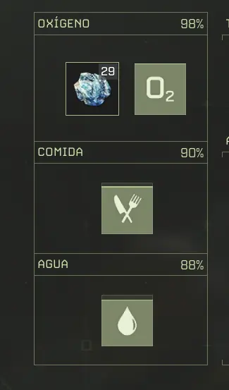 Inventario de ICARUS mostrando Oxita colocada en la casilla O2