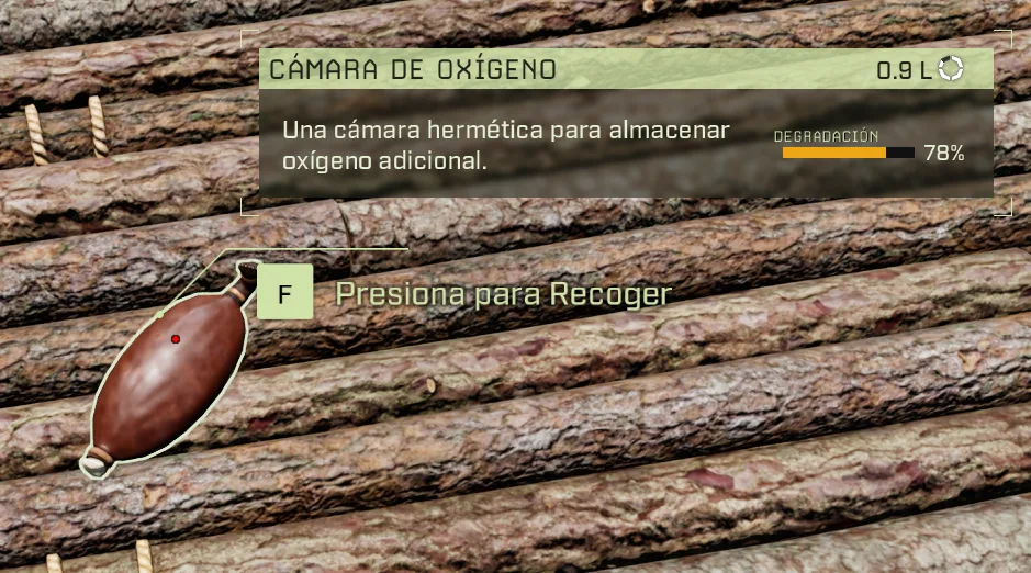 Cámara de oxígeno tirada en el suelo mostrando la opción Recoger