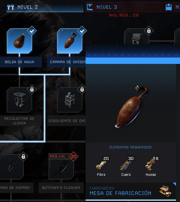 Árbol tecnológico de ICARUS mostrando la Cámara de oxígeno en Nivel 2